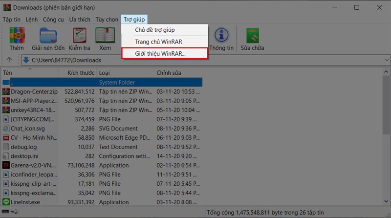 Bước 2: Từ thanh menu bạn chọn mục công cụ (tools) > Chọn sửa tập tin nén (repiar archive hoặc nhấn phím tắt Ctrl + R).